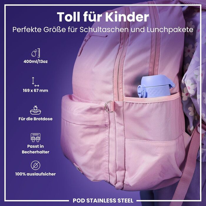 Дитяча пляшка для води ion8 Evo 400мл, неізольована, з нержавіючої сталі, з клапаном, легко миється