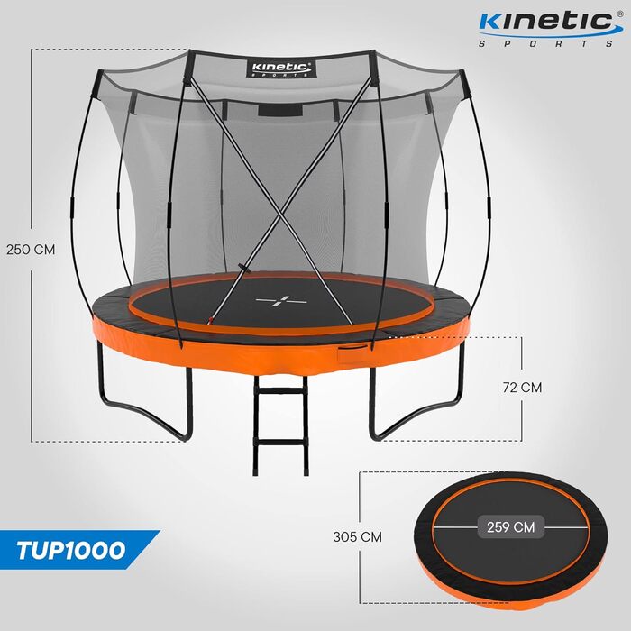 Трамплін KINETIC SPORTS Ultimate Pro для саду – Ø 244/305/366/427 см, сертифікат TÜV Rheinland GS, з металевою драбиною, скловолоконна сітка, дизайн 'Курча', вантажопідйомність до 160 кг (Ø 305 см), колір Sunset Orange