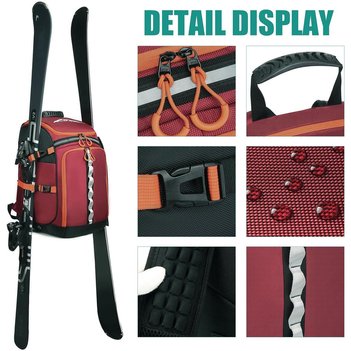 Сумка для лижних черевиків з відділенням для шолома, 65L, нейлон, рюкзак для лиж, роликів, ковзанів (червоний)