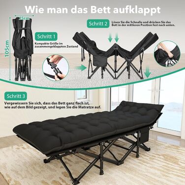 Розкладне ліжко-тахта для кемпінгу з матрацом, сталеве, чорне, 190x71x35 см