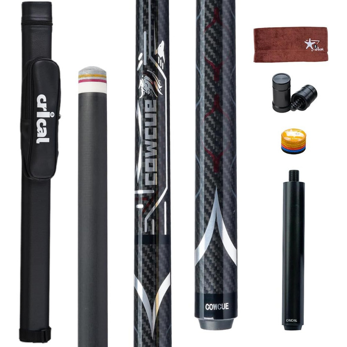 CRICAL Більярдний кий з карбонового волокна, 147,3 см, професійний, з'єднання 3/8 x 8, наконечник 12,5 мм (COWCUE-02 Set)
