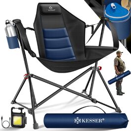 Крісло для кемпінгу KESSER® зі спинкою, 160 кг, з підсвіткою та тримачем для напоїв | Розкладне крісло-гойдалка для риболовлі, пляжу, відпочинку, хакі (темно-синій/чорний)