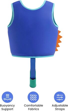 Дитячий жилет для плавання Gogokids 15-30 кг, для навчання плаванню, для малюків, неон, неопрен, регульований, 1-8 років (Зелений динозавр, L (5-8 років))