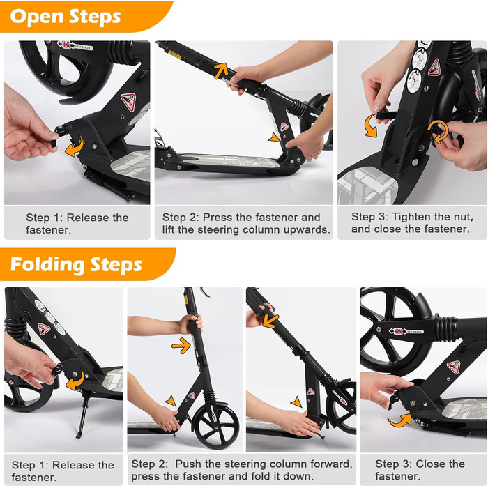 Дитячий складний самокат з великими колесами 200 мм, дискові гальма, регульована висота, з ремінним ременем (Чорний)