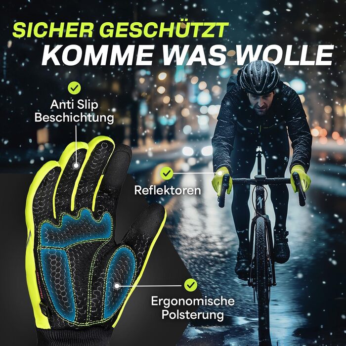 Велосипедні рукавички MACCIAVELLI® для чоловіків та жінок - теплі зимові терморукавички з підтримкою сенсорного екрану для шосе, MTB та гірського велосипеда. Вітро- та водонепроникні, неоново-жовто-зелені
