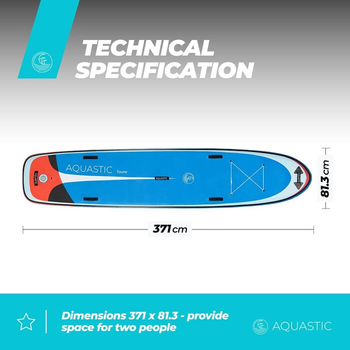 Надувна SUP-дошка AQUASTIC Tourer 12'2, 374 см, для 2 осіб, синя, з двома веслами та насосом, міцна еко Dropstitch MSL для водних прогулянок