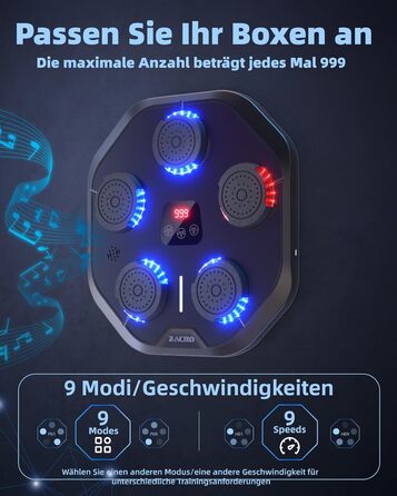 Музична боксмашина Zacro з LED-підсвіткою, розумна боксмашина, настінна, 9 режимів/швидкостей, з рукавичками та повязкою, чорна
