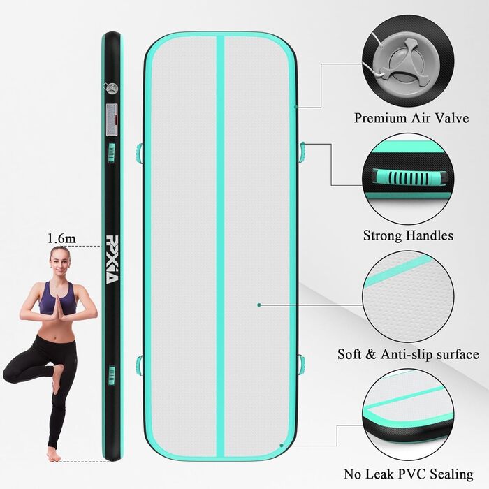 Гімнастична мат Air Matte Track 3M/4M/5M/6M, мат для стрибків та гімнастики 10/20см заввишки з повним аксесуаром, надувна гімнастична мат для дому та вулиці, йога (М'ятно-чорний, 400*100*10см)