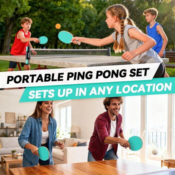 Набір для настільного тенісу з висувною сіткою, 2 ракетками, 6 м'ячами та сумкою – портативний набір для гри в приміщенні та на вулиці, ідеальний для сім'ї, відпочинку та тренувань. Кольори: блакитний + зелений