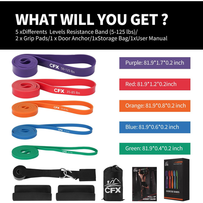 Фітнес гумки CFX: 8 шт. з дверним кріпленням, сумкою та інструкцією для фітнесу, розтяжки, йоги та силових тренувань