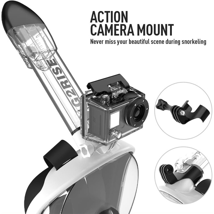 Маска для снорклінгу G2RISE® з трубкою, складна, CO2-безпечна, повна маска з кріпленням для камери, для дітей та дорослих (XS, чорно-біла)