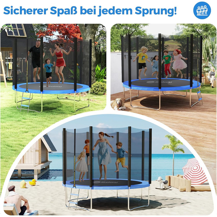 Трамплін Sekey Outdoor 244/305/366 см - сертифікований TÜV Rheinland GS, дитячий, для саду з безпечною драбиною, посиленим захисним сіткою та захисним бордюром (Блакитний, 366 см/12 футів)