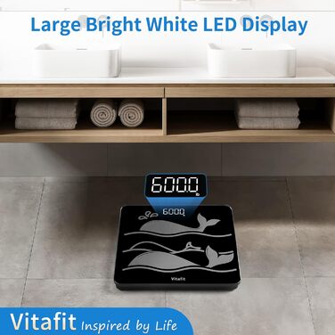 Ваги підлогові Vitafit для людей, до 300 кг, висока точність 0,05 кг, професійні, завод з 2001 року, вага для тіла з міцного 8 мм протиковзкого скла, LED-дисплей, 3*AAA, чорні