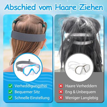 Дитячі маски для снорклінгу Vvinca з тканинним ремінцем, 180° панорама, анти-витік, для дітей 3-13 років (хлопчики та дівчатка), блакитний та рожевий кольори