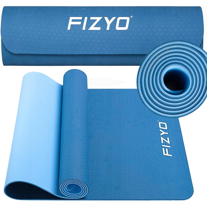 Йога-мат Fizyo, протиковзкий, TPE, 183×61 см, для фітнесу, пілатесу, з сумкою і ременем, синій, товщина 0,6 см