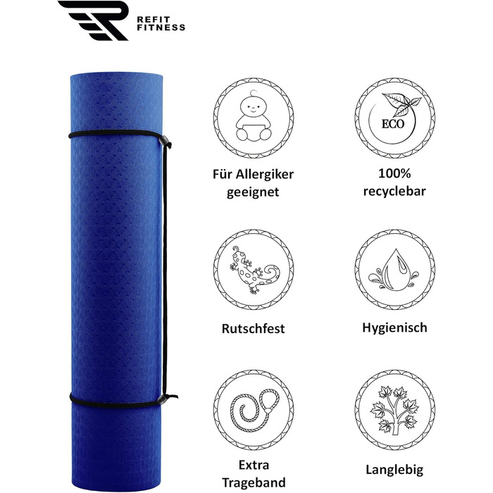 Килимок для йоги Perfect-Fit 190 x 60 x 0,6 см [GeckoGrip & Sensi-Plus TPE] - Нековзний, без шкідливих речовин + ремінь для перенесення - Спортивний килимок для гімнастики, фітнесу. Виберіть колір: блакитний, бежевий