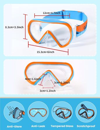 Дитяча маска для плавання та снорклінгу Supertrip, 6-14 років, скло, помаранчево-блакитна