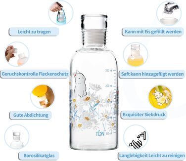 Скляна пляшка для води TDN 500 мл, без BPA, з неопреновим чохлом, герметична, для спорту, можна мити в посудомийці, комплект 500 мл і 300 мл, дизайн з кроликом і хризантемами