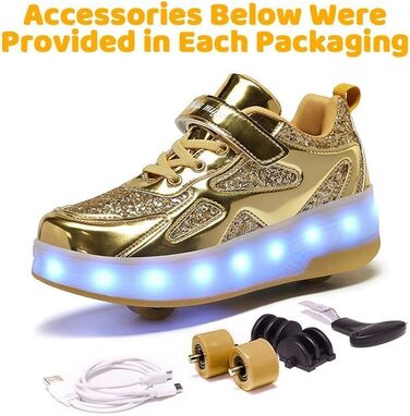 Роликові черевики для дітей з LED-підсвіткою, білі, регульовані, для занять спортом на відкритому повітрі (35 EU, Gold)