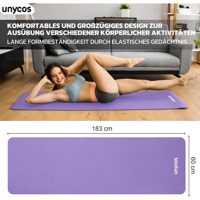 Універсальний килимок для йоги та фітнесу unycos, нековзний, NBR, 183x60 см, 10/15 мм, з ременем і електронною книгою, нетоксичний, для пілатесу, тренувань, домашній спорт, фіолетовий