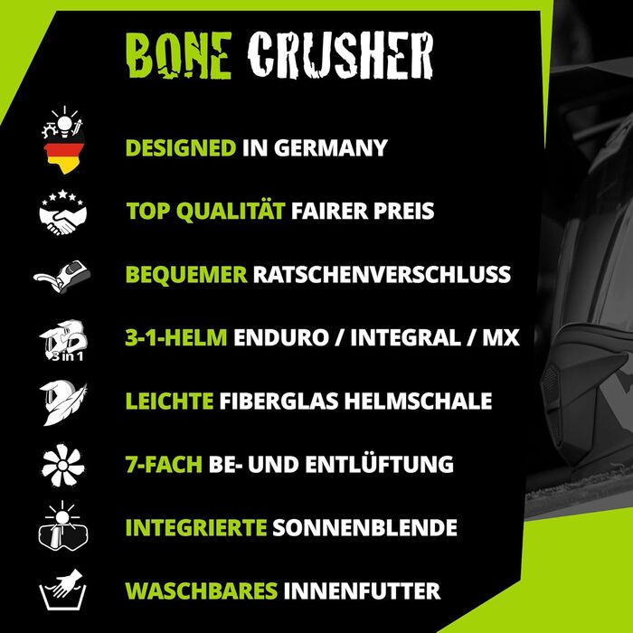 Шолом для мотокросу Broken Head Bone Crusher зелений з козирком та сонцезахисною шторкою – ендуро, MX, мотошолом