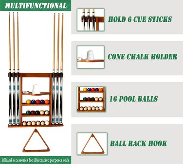Підставка для бильярдної кулі та кия на стіну, 6 відділень, з масиву дуба, для аксесуарів до більярдного столу