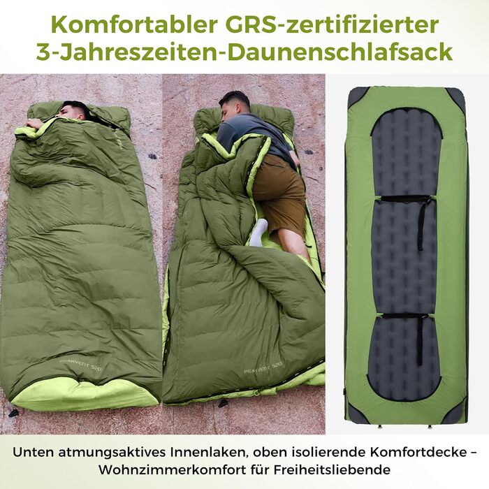 Спальний мішок ATEPA Ultraleicht Daunenschlafsack: Легкий, 3-сезонний (12°C/6°C/-1°C), Водовідштовхуючий, для кемпінгу, трекінгу та подорожей, з компресійним мішком