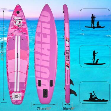Надувний SUP Борд Stand Up Paddle Board Set, 330x76x15см, з кріслом для каяка, тримачем для камери, інтегрованим кік-педом, регульованим веслом, 3 фінами, повним аксесуаром, до 150кг, рожевий