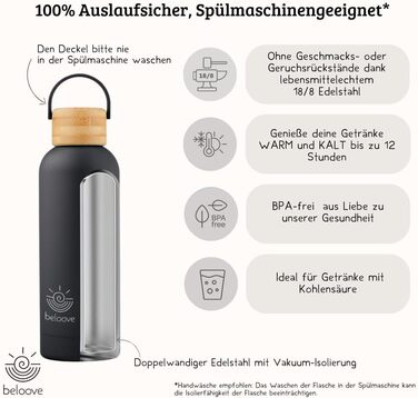 Термос-бутилка beloove з нержавіючої сталі, BPA Free, подвійні стінки, не протікає, підходить для газованої води, ударостійке порошкове покриття, 500/750 мл