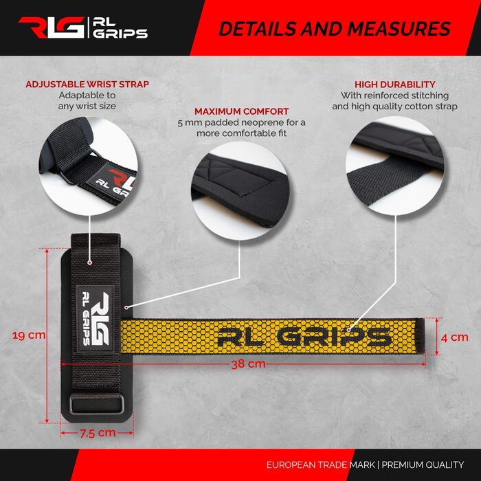 Лямки для підйому ваги RL Grips для станова та силового тренінгу з захистом зап'ясть, жовті