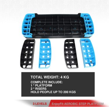 Аеробічний степ-платформа EnjoyFit XL преміум, 3-рівнева, 78x30x10/15/20 см, синьо-чорна