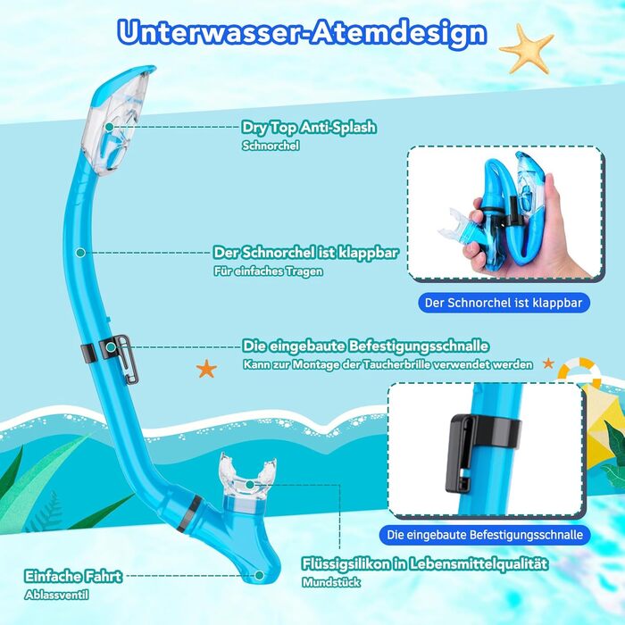 Набір для снорклінгу для дітей з ластами, маска з панорамним оглядом 180°, регульовані ласти, високоякісна маска та сухий снорк. для плавання (небесно-блакитний)