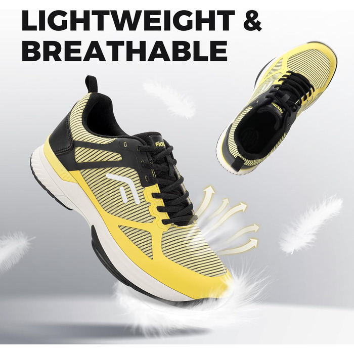 Тенісні кросівки FitVille для чоловіків з широкою ногою. Зручні кросівки для бадмінтону, фітнесу та залу. Неслизькі, дихаючі, жовтого кольору з чорним. 46 EU (широкі)