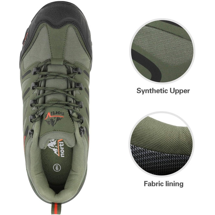 Чоловічі водонепроникні трекінгові черевики NORTIV - низькі, легкі, для хайкінгу, кемпінгу, туризму (44 EU, широка колодка, армійний зелений, чорний, помаранчевий)