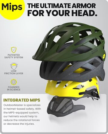 Велосипедний шолом OutdoorMaster MIPS, змінна підкладка, вентиляція, для підлітків і дорослих, гірський та шосейний, 59-61 см, зелений