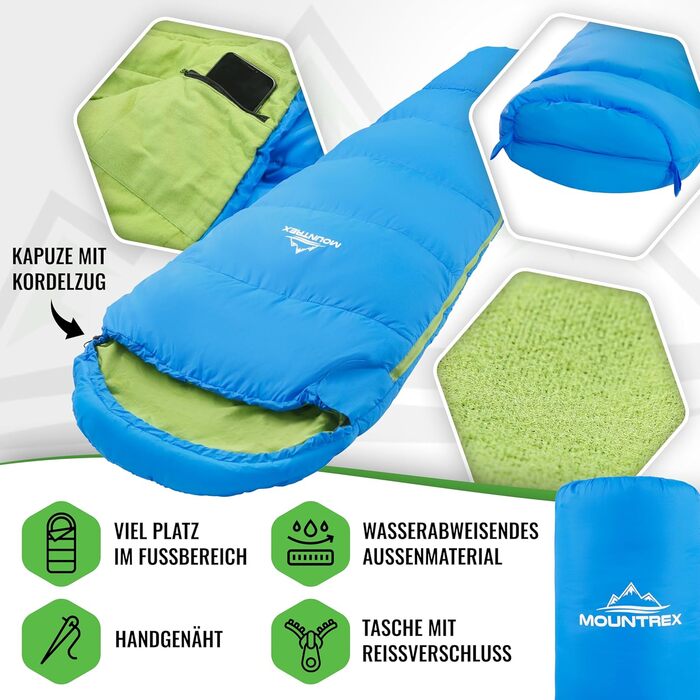 Дитячий спальний мішок MOUNTREX® - зручний та легкий, 175x70x45 см - для подорожей, кемпінгу, відпочинку на природі. 100% бавовна, блакитний/зелений