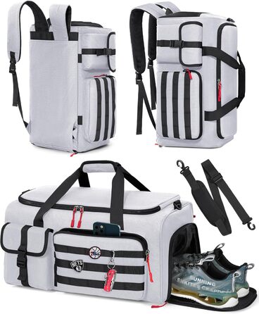 Спортивна сумка RAINSMORE 3 в 1 для чоловіків 45L: рюкзак, сумка-переноска, з відділенням для взуття, ноутбука та мокрого одягу (сіра)