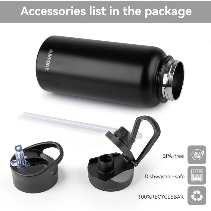 Термос пляшка з нержавіючої сталі 1 л з 2 кришками, трубочкою, BPA Free, вакуумна, подвійна ізоляція, не протікає, підходить для газованих напоїв, для спорту, подорожей, кемпінгу