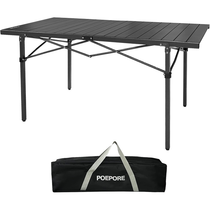 Стіл для кемпінгу Poeopore, розкладний, алюміній, великий, на 4-6 осіб, чорний, 140 x 70 x 70 см