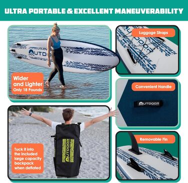 SUP дошка надувна OutdoorCrusier Ultra-Portable, блакитно-біла, з повним комплектом аксесуарів, Drop-Stitch, для початківців та досвідчених райдерів