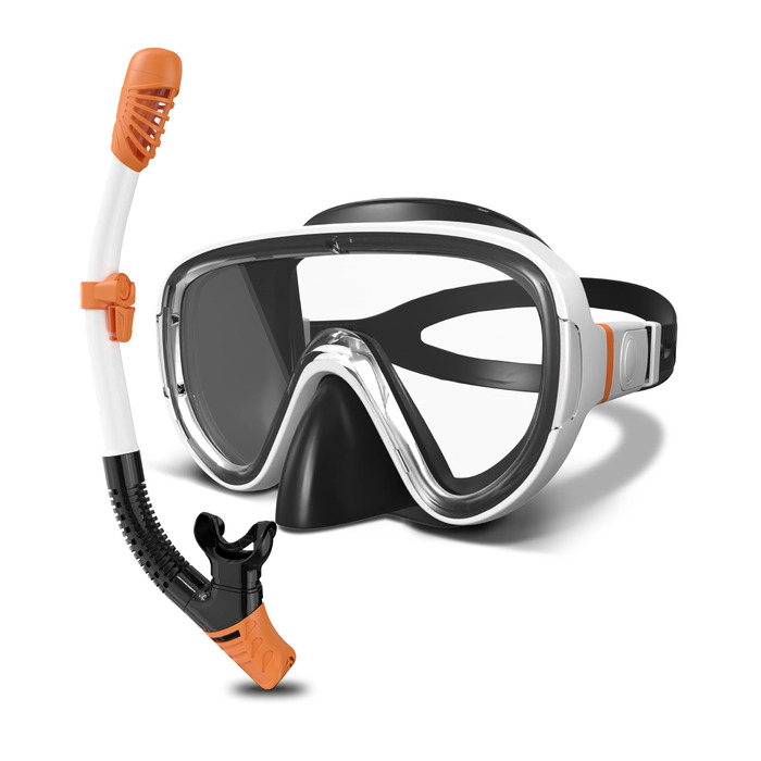 Набір для снорклінгу G2RISE для дорослих: маска та трубка для плавання, дайвінгу та снорклінгу. Зручна маска з загартованими лінзами та регульованою застібкою. Біло-помаранчевий колір.