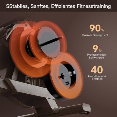 Магнітний гребний тренажер MOBI FITNESS для дому, 40 рівнів навантаження, 45 кг, тихий, LED-дисплей, сумісний з Apple Watch і додатками