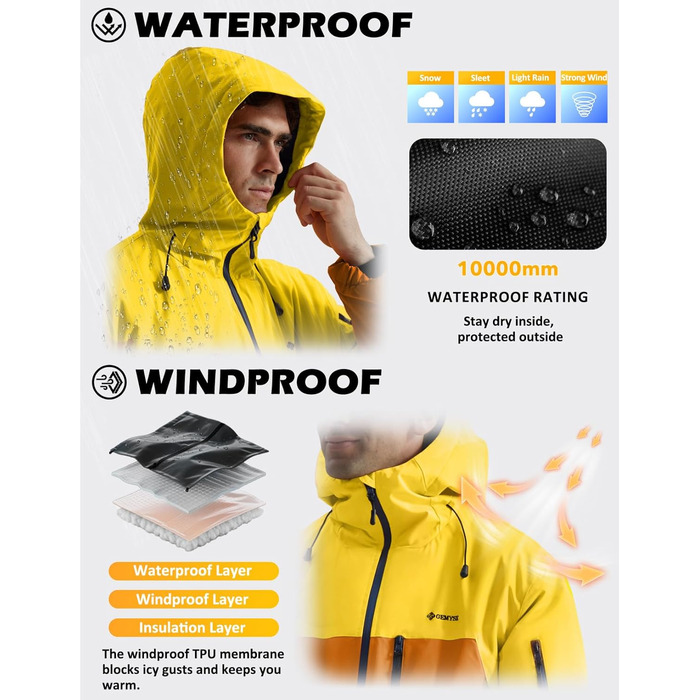 Чоловіча лижна куртка GEMYSE з інтегрованими підтяжками та капюшоном. Тепла водонепроникна зимова куртка-вітрівка для сноубордингу та хайкінгу. Розмір XXL. Кольори: золотисто-жовтий та реальгар-коричневий