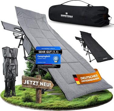 NORDICTRAILS Кемпінгове ліжко NORDICTRAILS - XXL розкладне ліжко для кемпінгу | Зручне, легке та широке для відпочинку на природі | Гостьове ліжко, ліжко для риболовлі, розкладне ліжко з суперм'яким матрацом. Сіре.