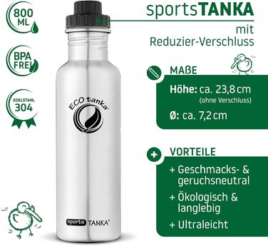 Пляшка для води ECOtanka sportsTANKA 0,8 л нержавійка, герметична, BPA-free, для спорту, фітнесу, туризму