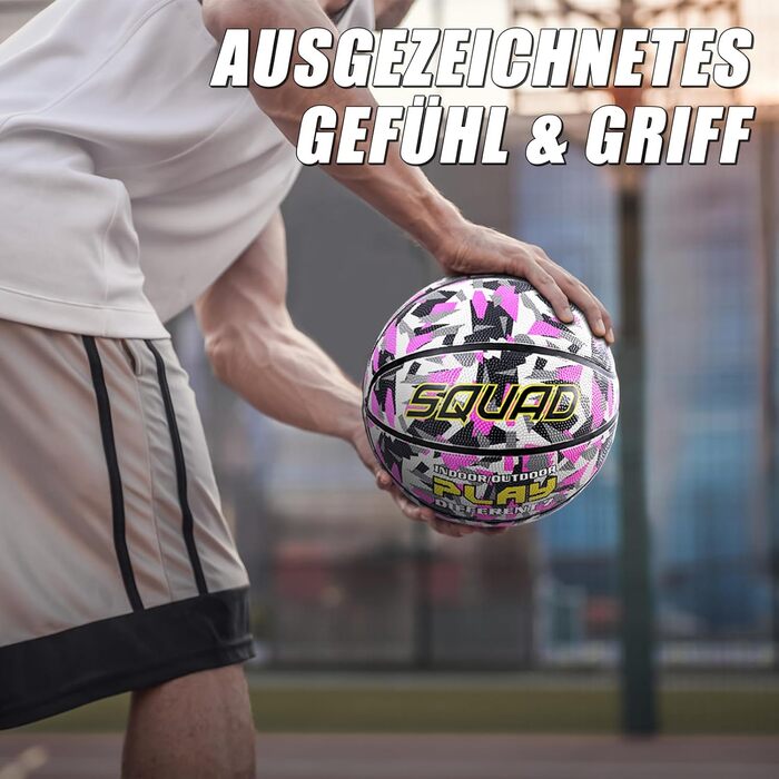 Баскетбольний м'яч Squad, розмір 7, гумовий, камуфляжний дизайн, для дорослих, внутрішні та зовнішні майданчики, з насосом та голкою, рожевий, з аксесуарами
