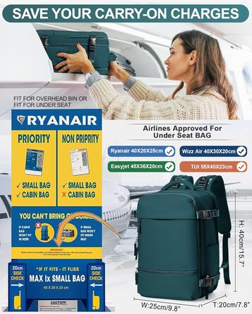 Рюкзак для ручної поклажі 40x20x25 см водонепроникний для Ryanair та EasyJet, дорожній рюкзак під сидіння, повсякденний синій рюкзак для подорожей і походів