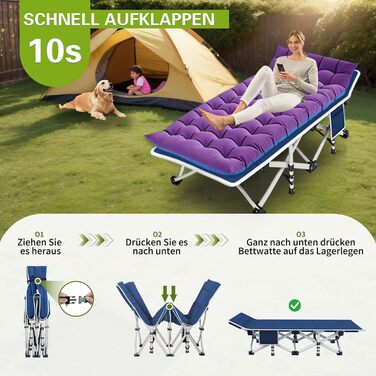 Намет-ліжко з матрацом, розкладне ліжко Oxford Tuch, вантажопідйомність 200 кг, гостьове ліжко для дорослих, ліжко-крісло з бічною кишенею, портативне, для відпочинку на природі, подорожей, саду, дому (Лілове)