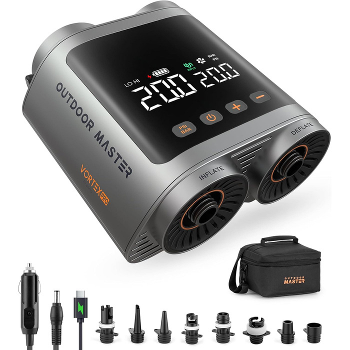 OutdoorMaster Vortex Pro: Електрична SUP-насос з акумулятором 57.7Wh, 12V/15.8V DC, Typ-C, 8 насадок для SUP та інших надувних виробів