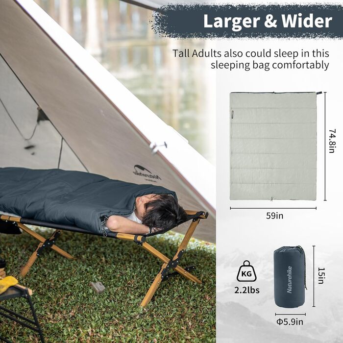 Спальний мішок Naturehike для дорослих, легкий прямокутний, з'єднувальний, 3-сезонний, для кемпінгу та походів (блакитний)